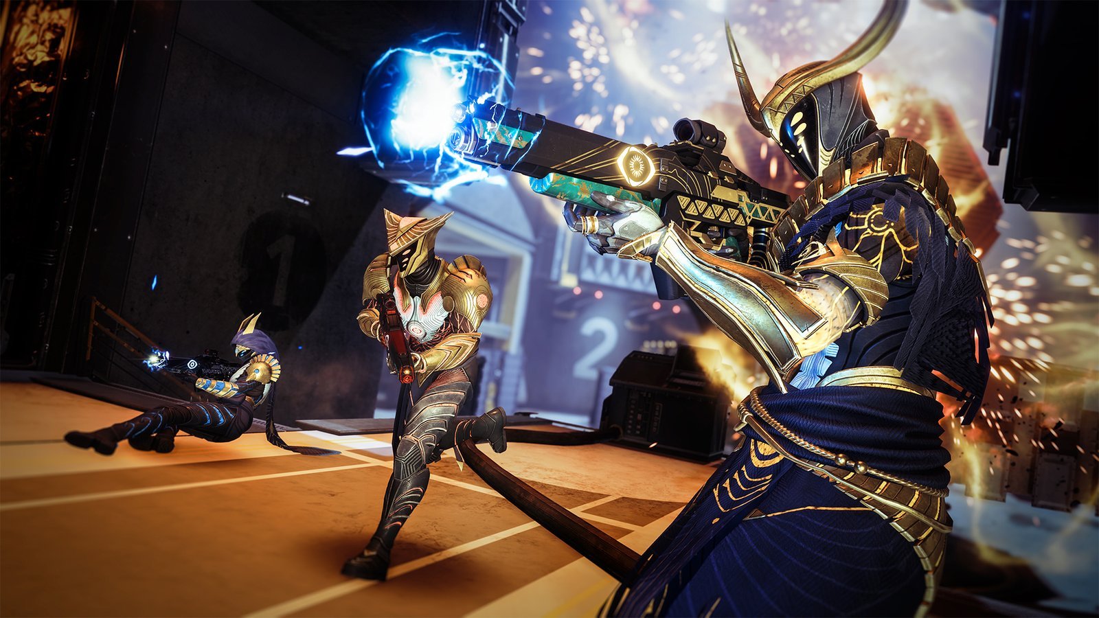 Destiny 2 Guardians wearing gold Trials of Osiris armor
